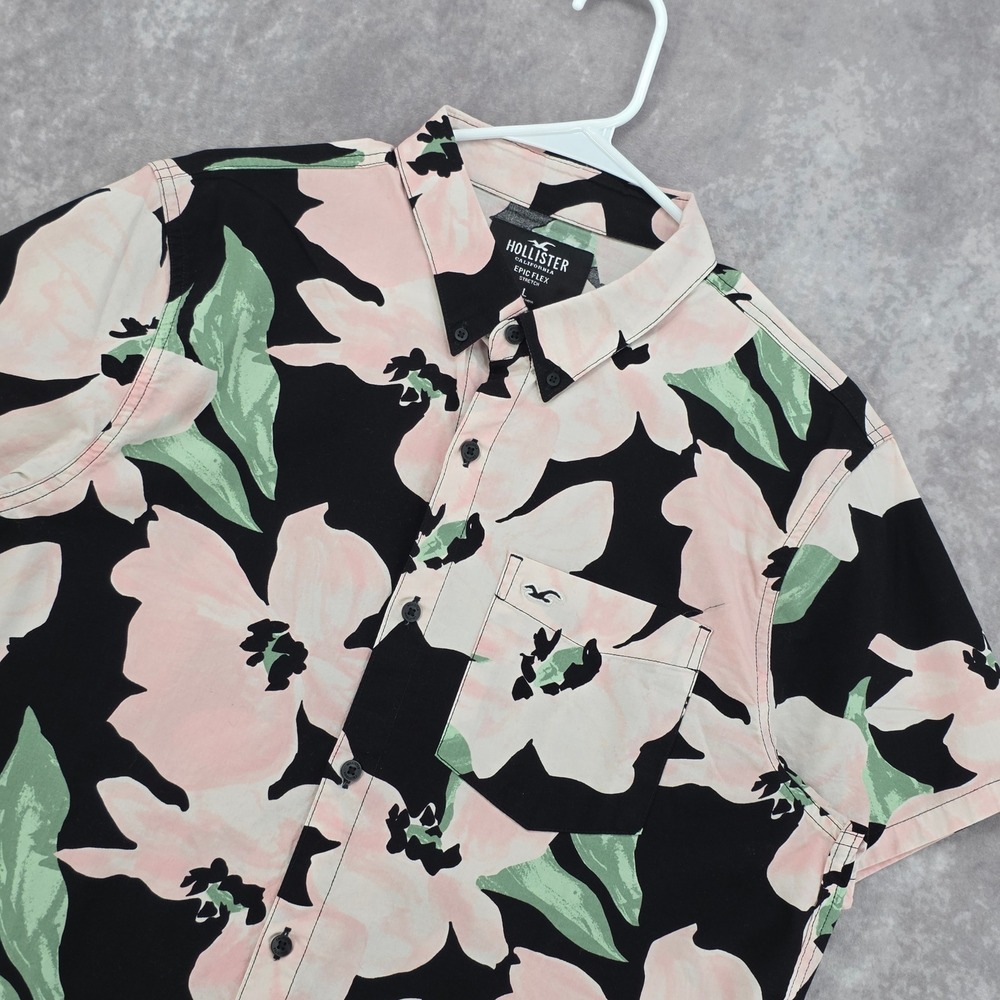 Hollister Floral Button Down Shirt Mens Large Epic Flex Black Pink Short Sleeve